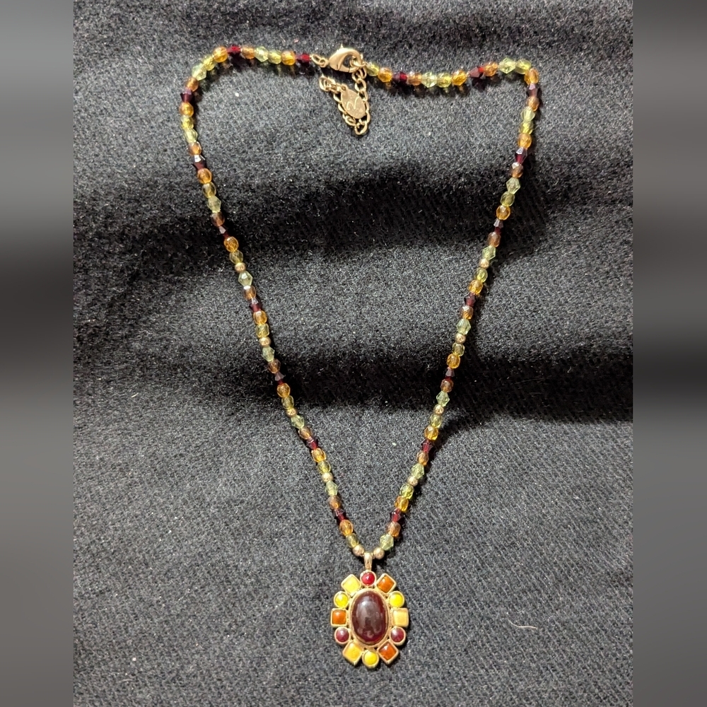 Gold Tone Brown Green Yellow Beaded Pendant Statement Necklace